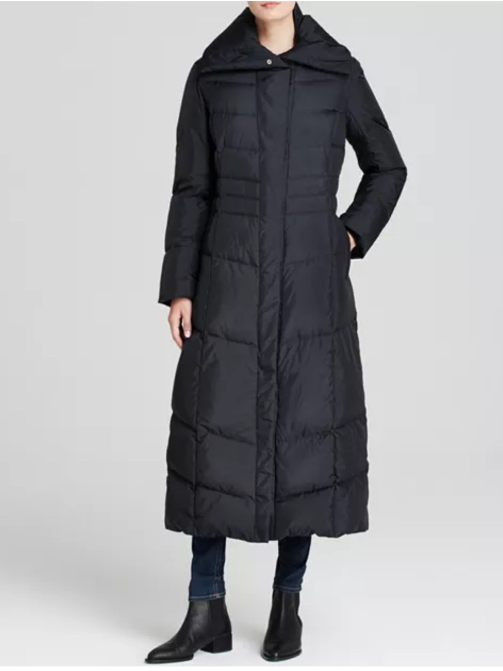 Down/Feather Cole Haan Black Long Quilted Puffer with Pullow Collar EUC XS